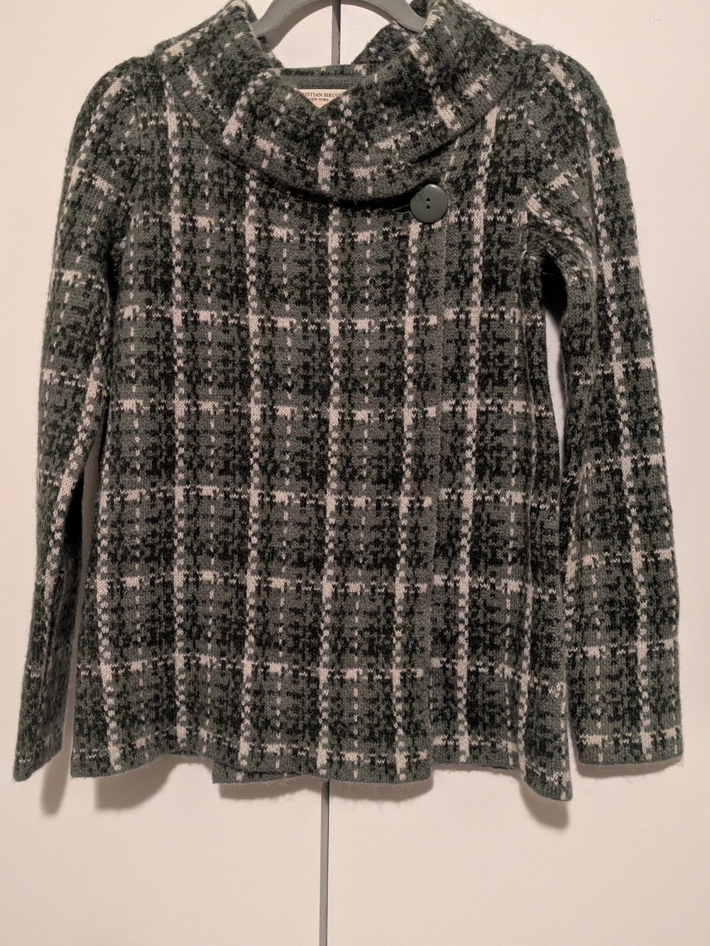 Christian Siriano Green and Cream Plaid Button-Collar Sweater
